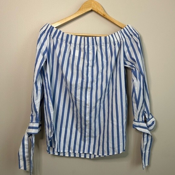 Mango Blue and White Stripe Off the Shoulder Long Sleeve Shirt Size 8 - Picture 3 of 3